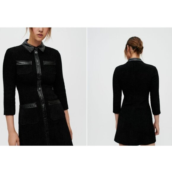 Maje Dresses & Skirts - Maje Rinili contrast-trim mini shirtdress in black cotton-blend bouclé-tweed, XS
